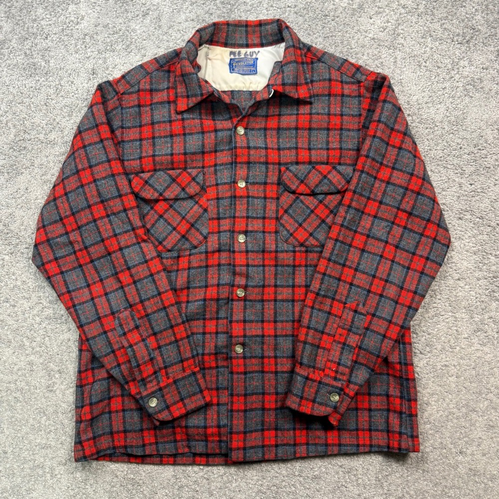 Pendleton Board Shirt Red Grey Plaid Wool Flannel Size L Vintage Heritage